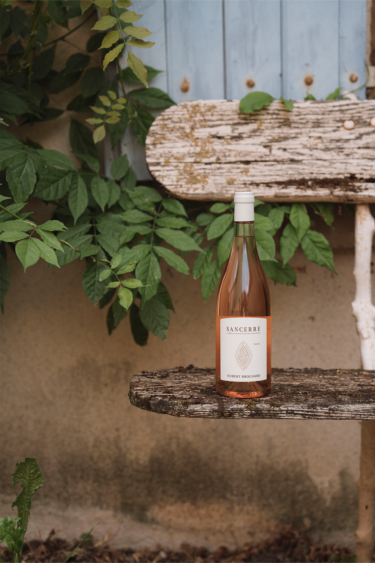 Bouteille de Hubert Brochard Sancerre Rosé posée sur un banc en bois 